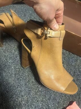 Coach Tan Open-Toe Leather Block Heel Ankle Booties